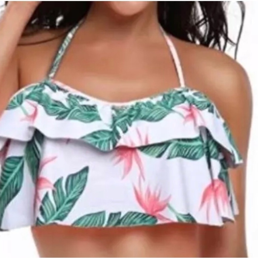 Womens 2XL bikini halter top exotic flowers, swimsuit top white green pink